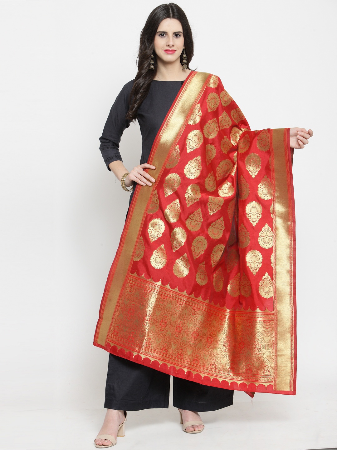 

mf Red Woven Design Dupatta