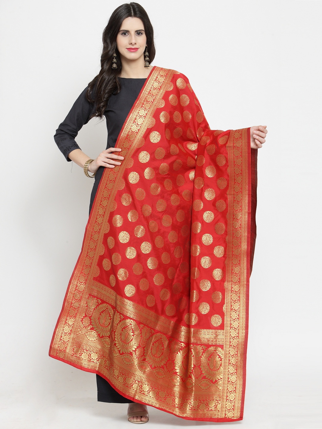 

mf Red Woven Design Dupatta