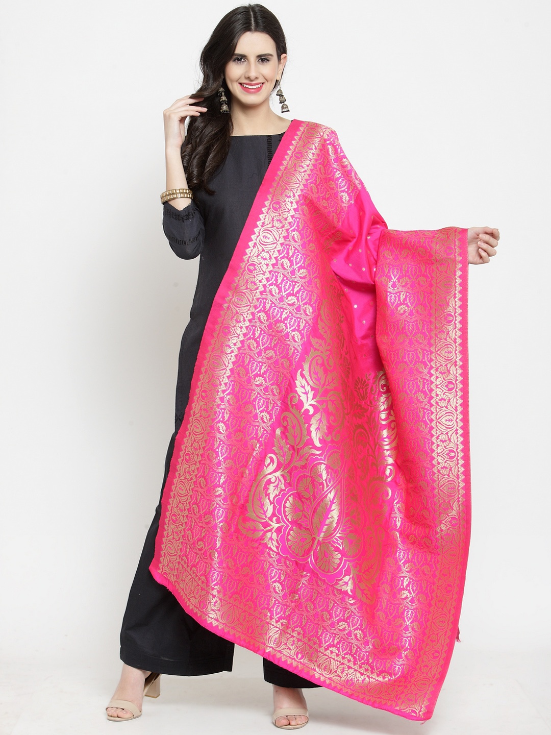 

mf Pink & Silver-Coloured Banarasi Art Silk Woven Design Dupatta