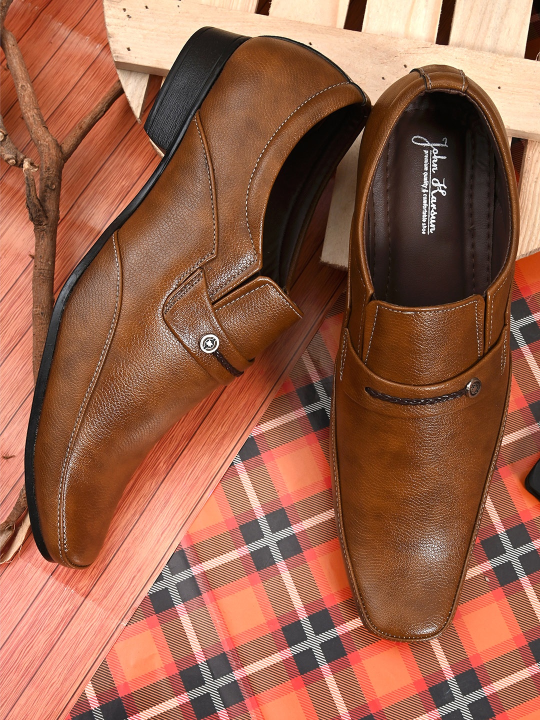 

John Karsun Men Tan Brown Formal Slip-On Shoes