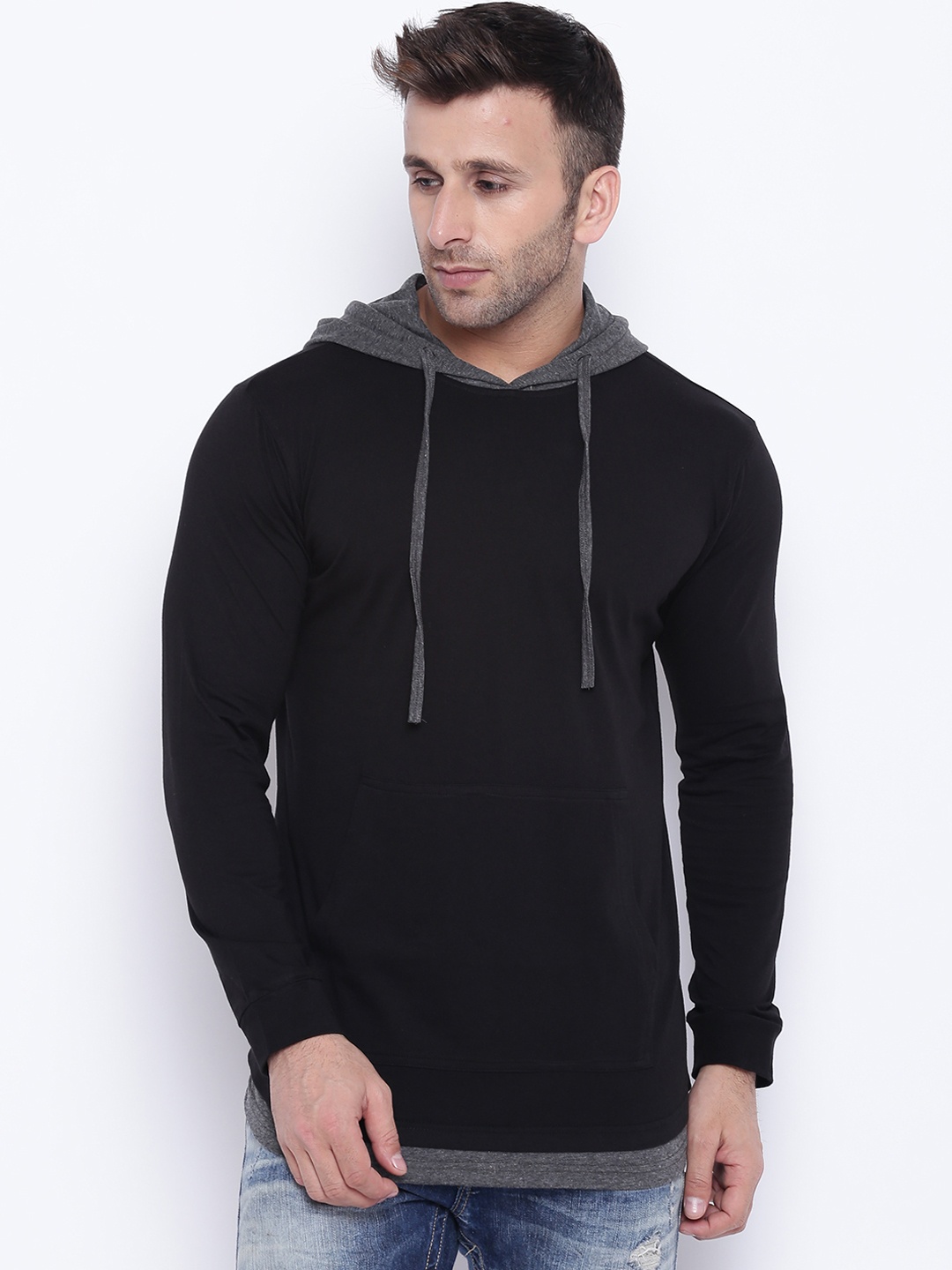 

GRITSTONES Men Black Solid Hooded Sweatshirt