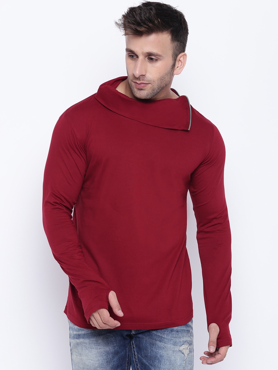 

GRITSTONES Men Maroon Solid High Neck T-shirt