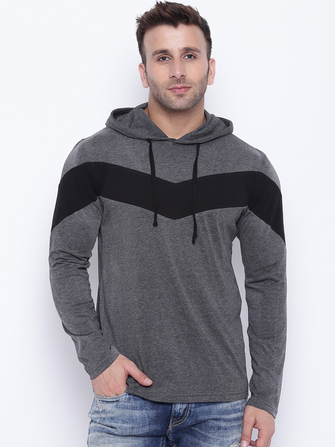 

GRITSTONES Men Grey Colourblocked Hood T-shirt