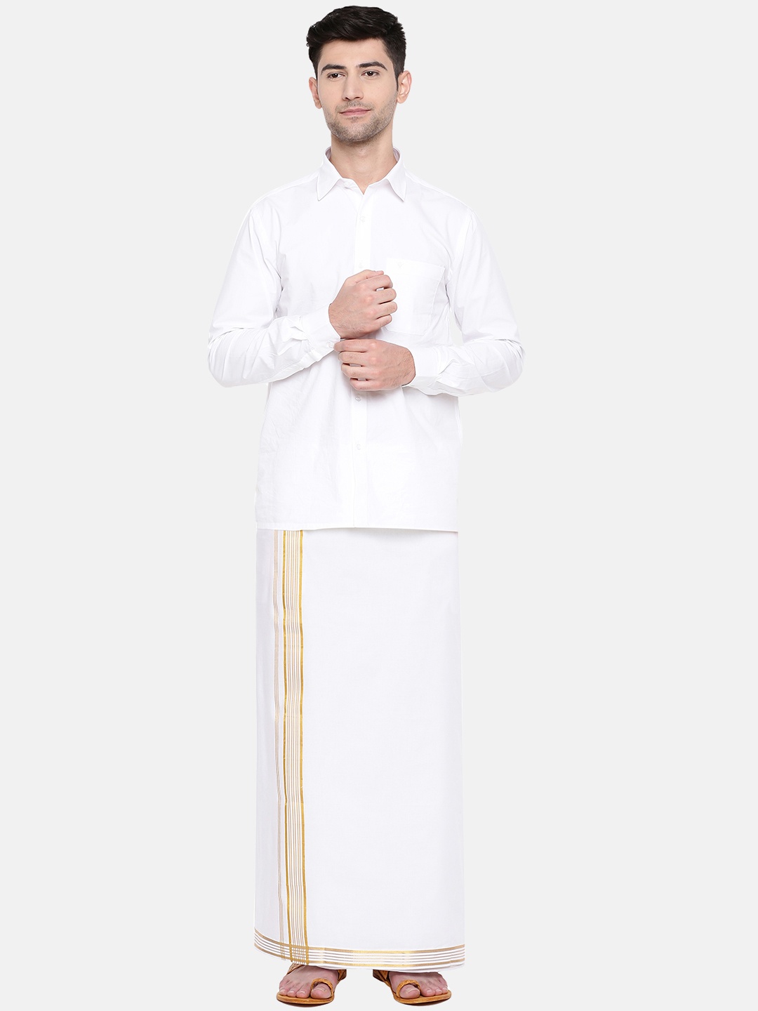 

Ramraj Men White Pure Cotton Single layer Dhoti with Golden Zari Border