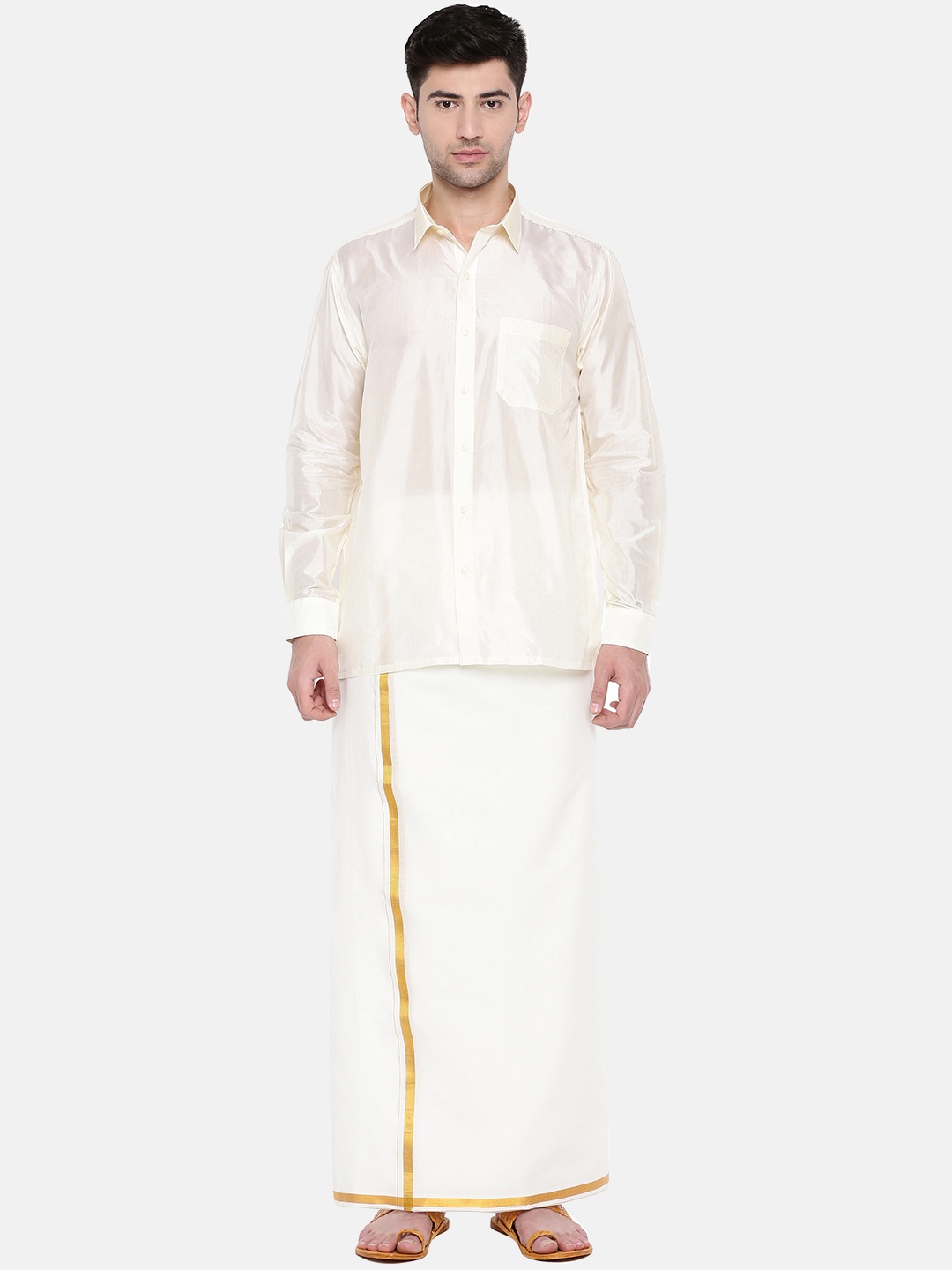 

Ramraj Men White Pure Cotton Double Layer Dhoti with Gold Zari Border