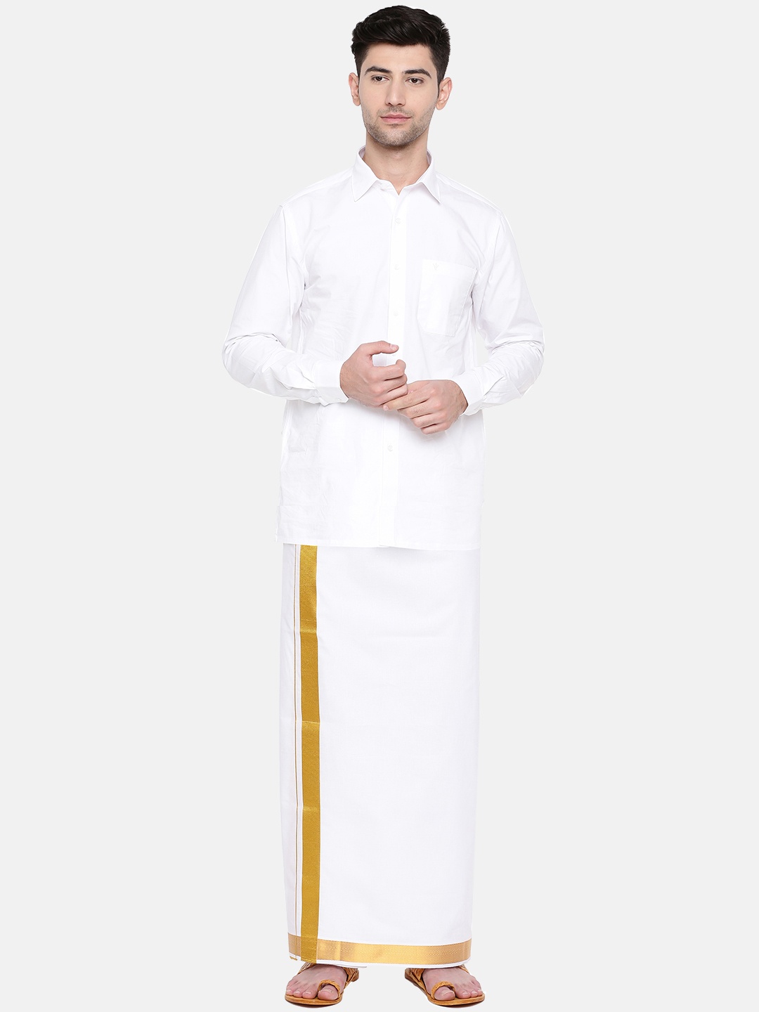 

Ramraj Men White Pure Cotton Single layer Dhoti with Gold Zari Border