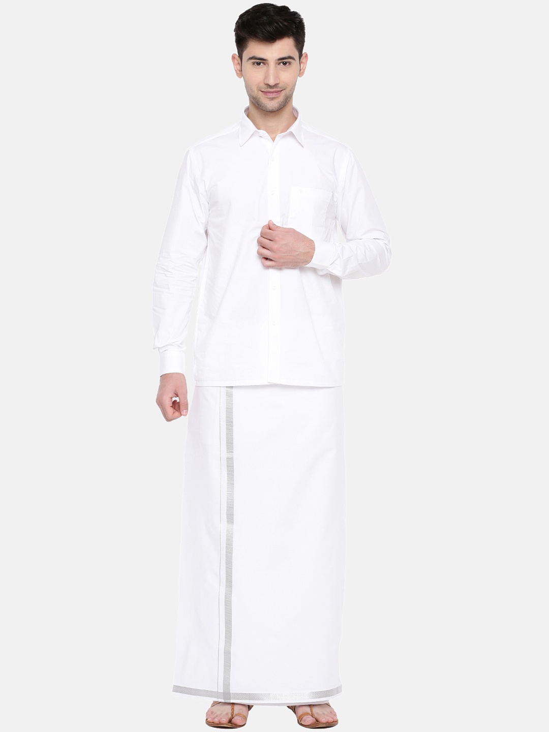 

Ramraj Men White Solid Pure Cotton Single Layer Dhoti with Silver Zari Border