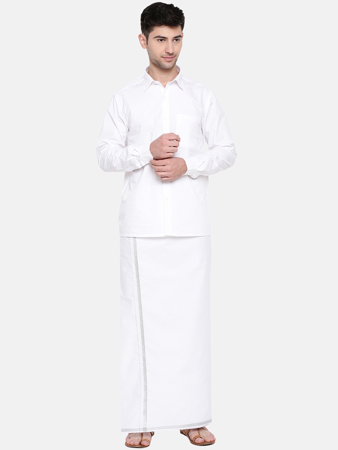 

Ramraj Men White Pure Cotton Single layer Dhoti with Silver Zari Border