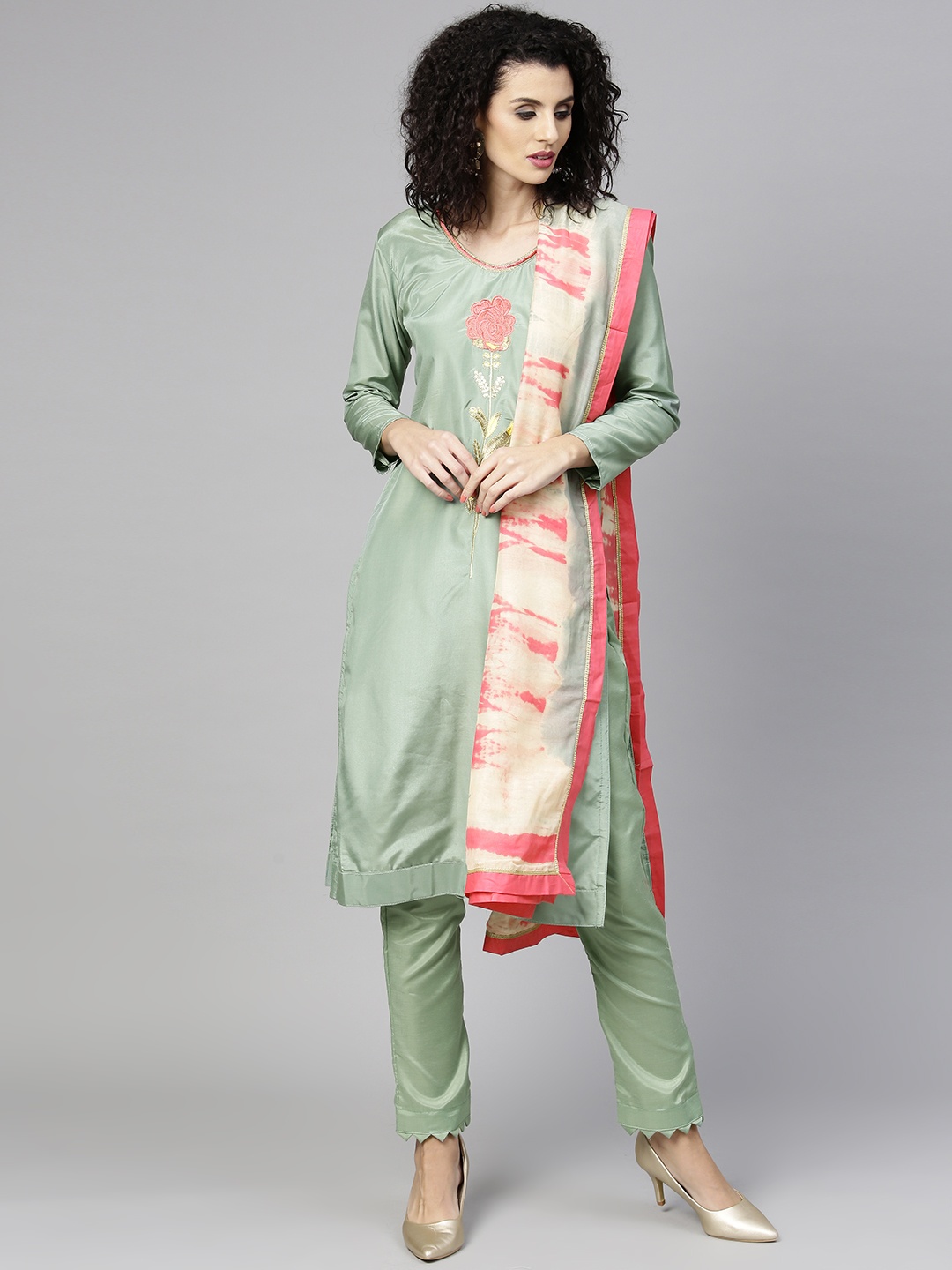 

Saree mall Olive Green Silk Blend Semi-Stitched Dress Material