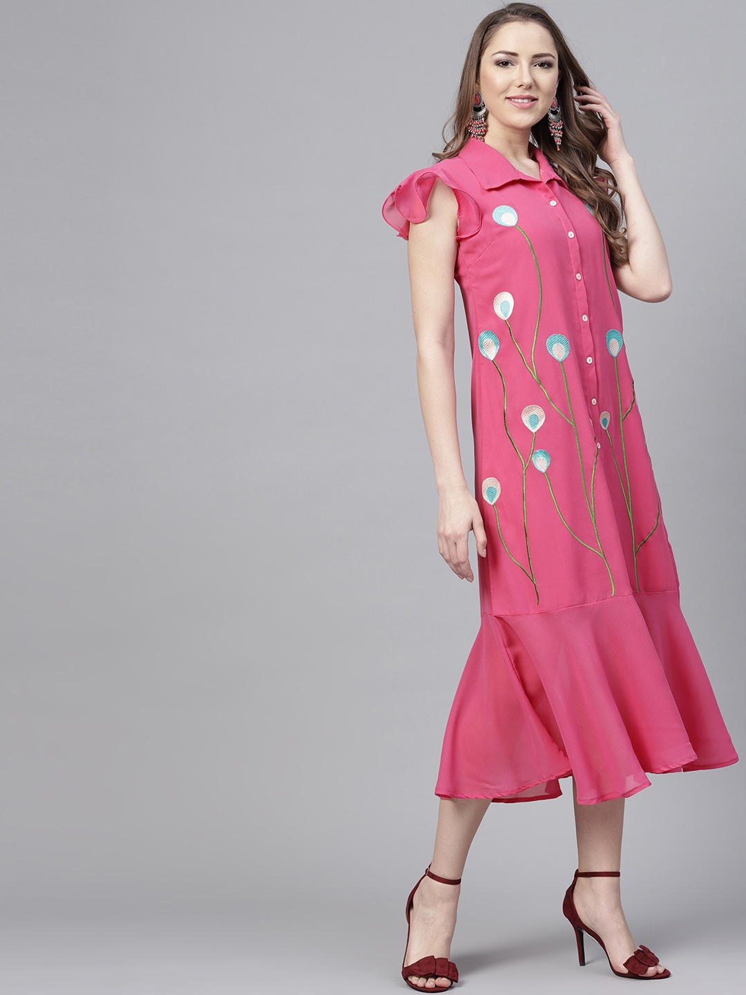 

Bitterlime Women Pink Embroidered Midi Shirt Dress