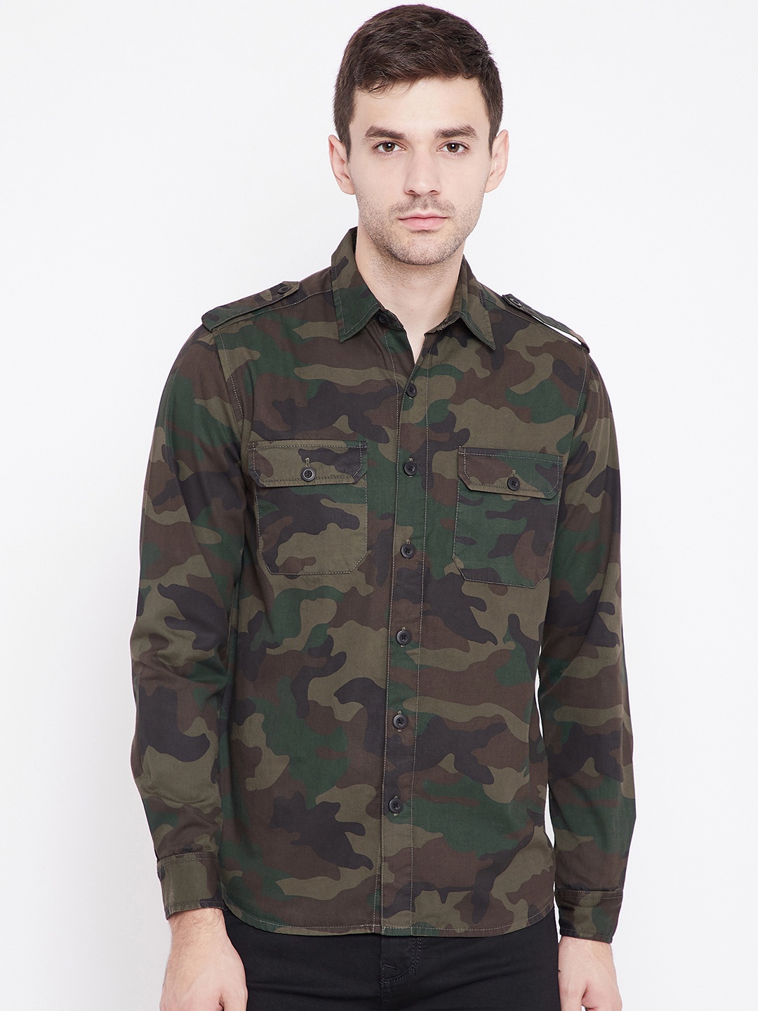 

PUNK Men Olive Green & Brown Regular Fit Printed Casual Shirt