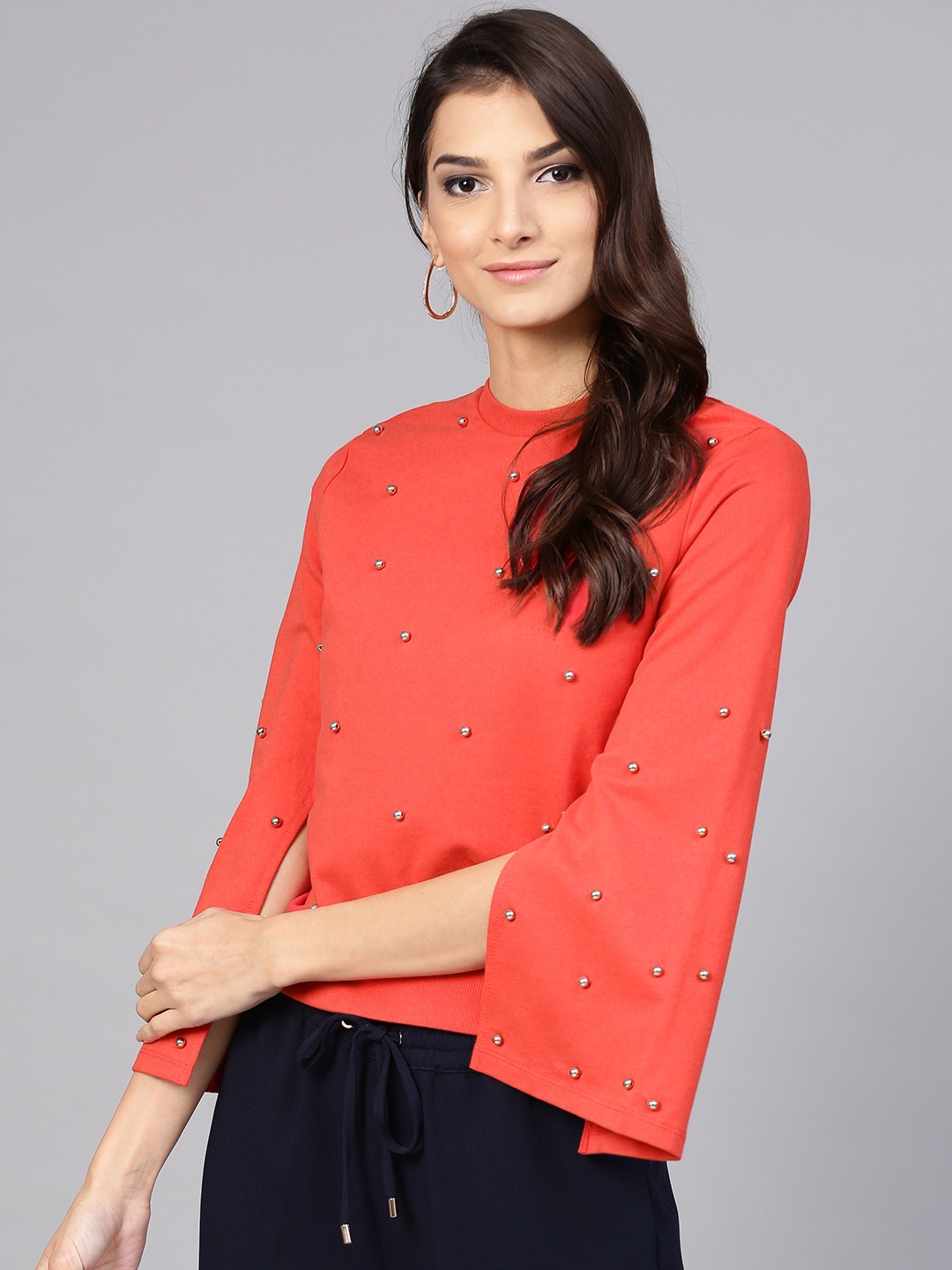 

STREET 9 Women Coral Red Embellished Sweatshirt