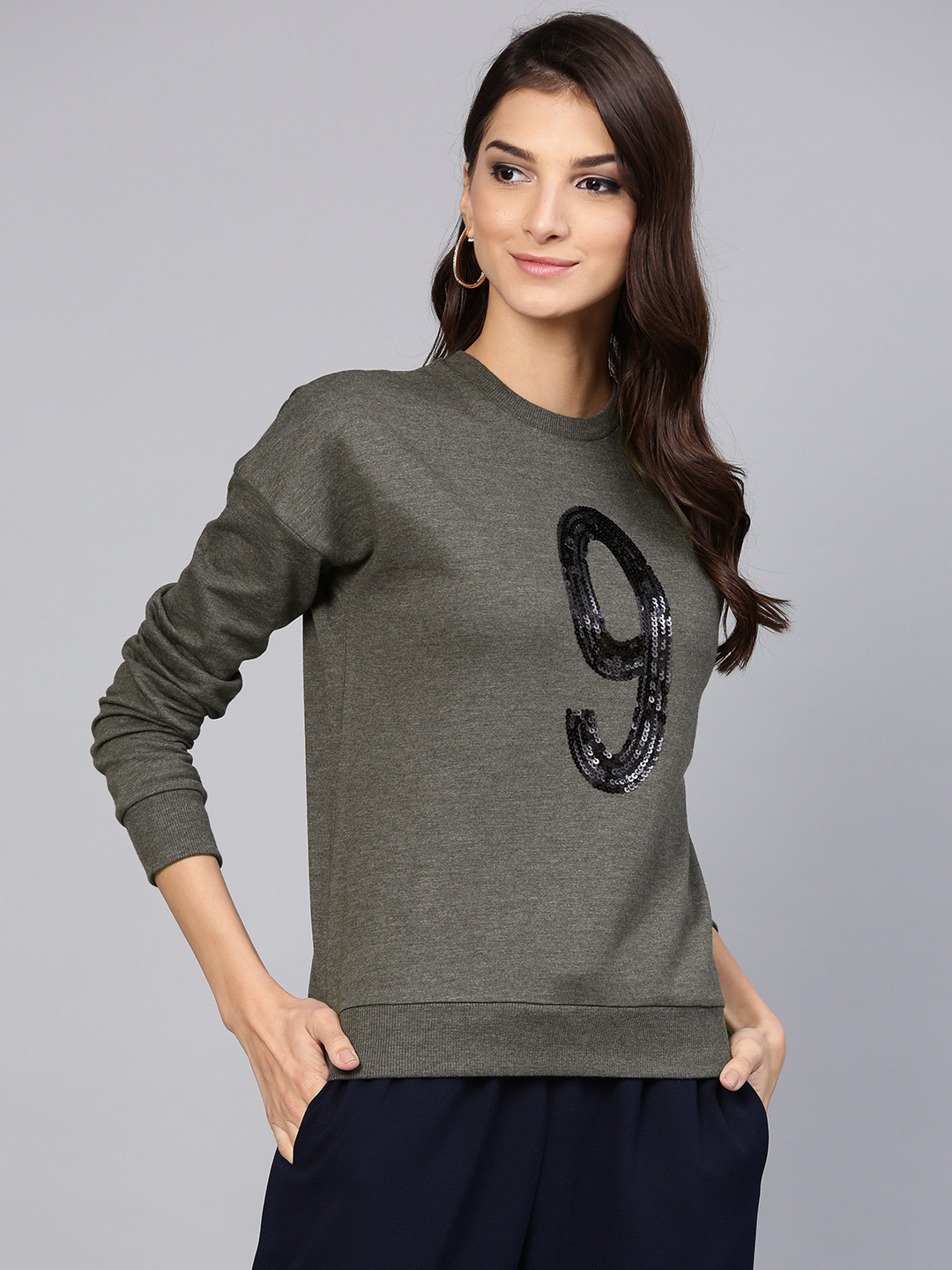 

STREET 9 Women Olive Green Sequinned Sweatshirt