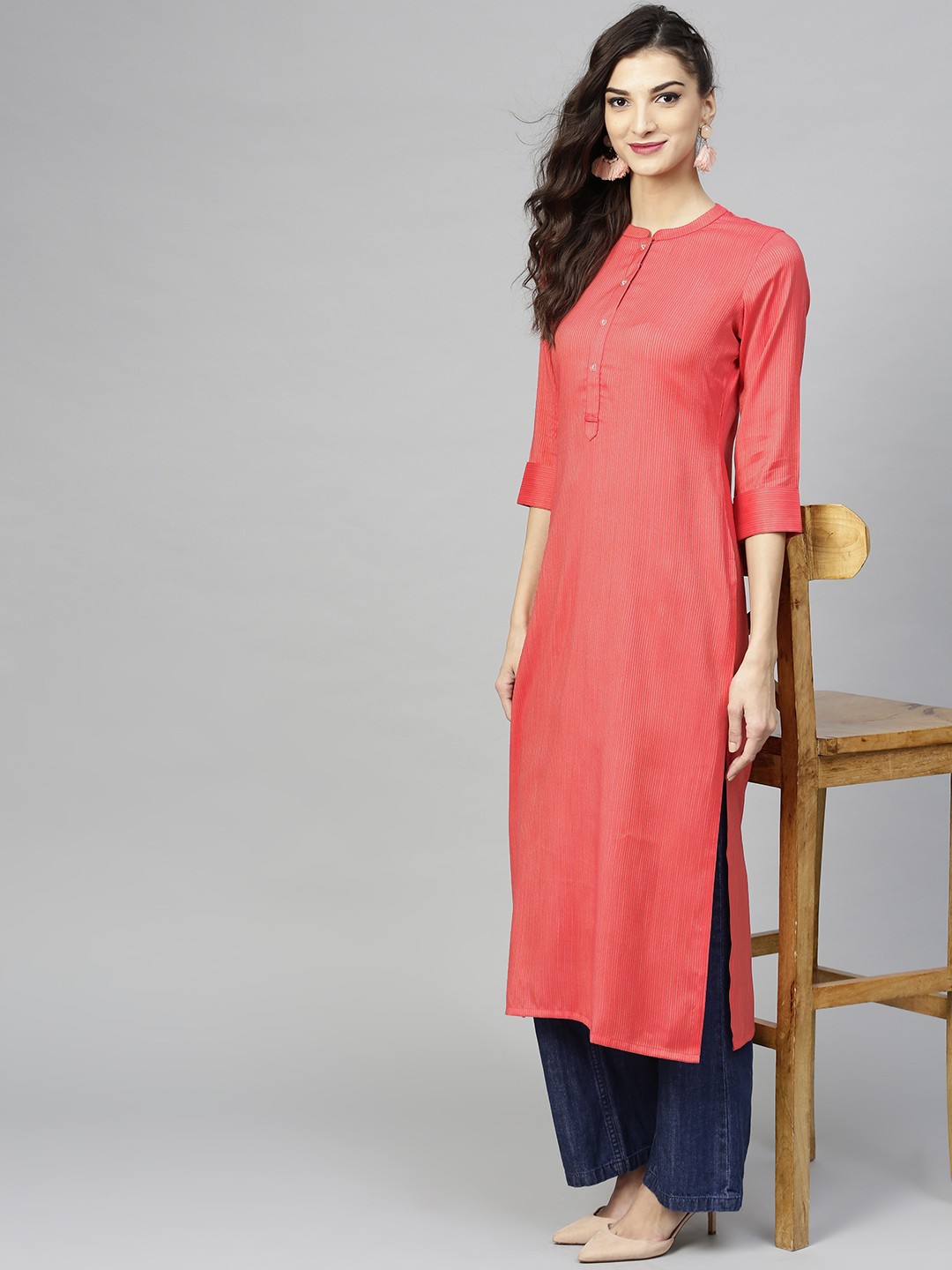 

Libas Women Coral Pink & Beige Striped Straight Kurta
