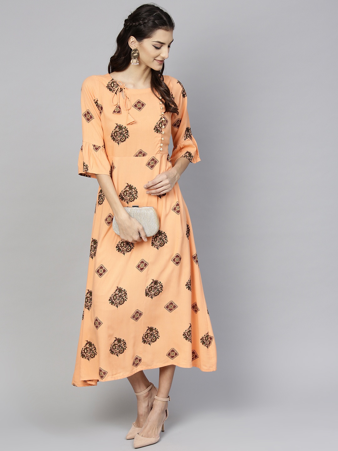 

Libas Women Peach-Coloured Printed Maxi Dress