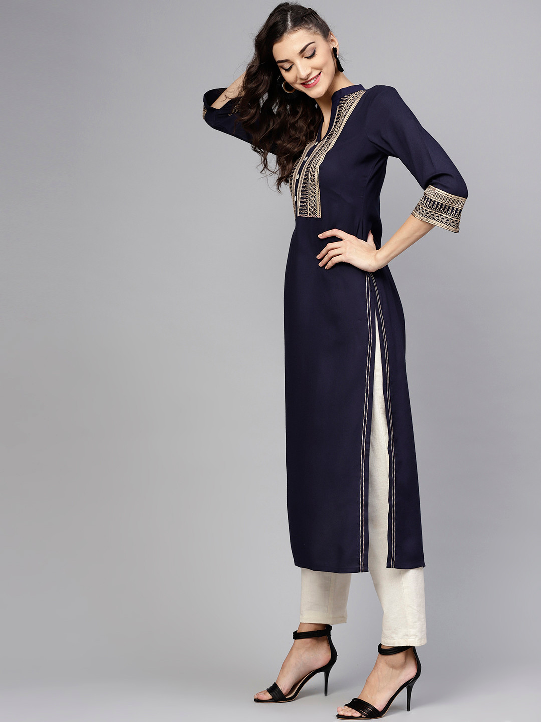 

Libas Women Navy Blue Yoke Design Straight Kurta