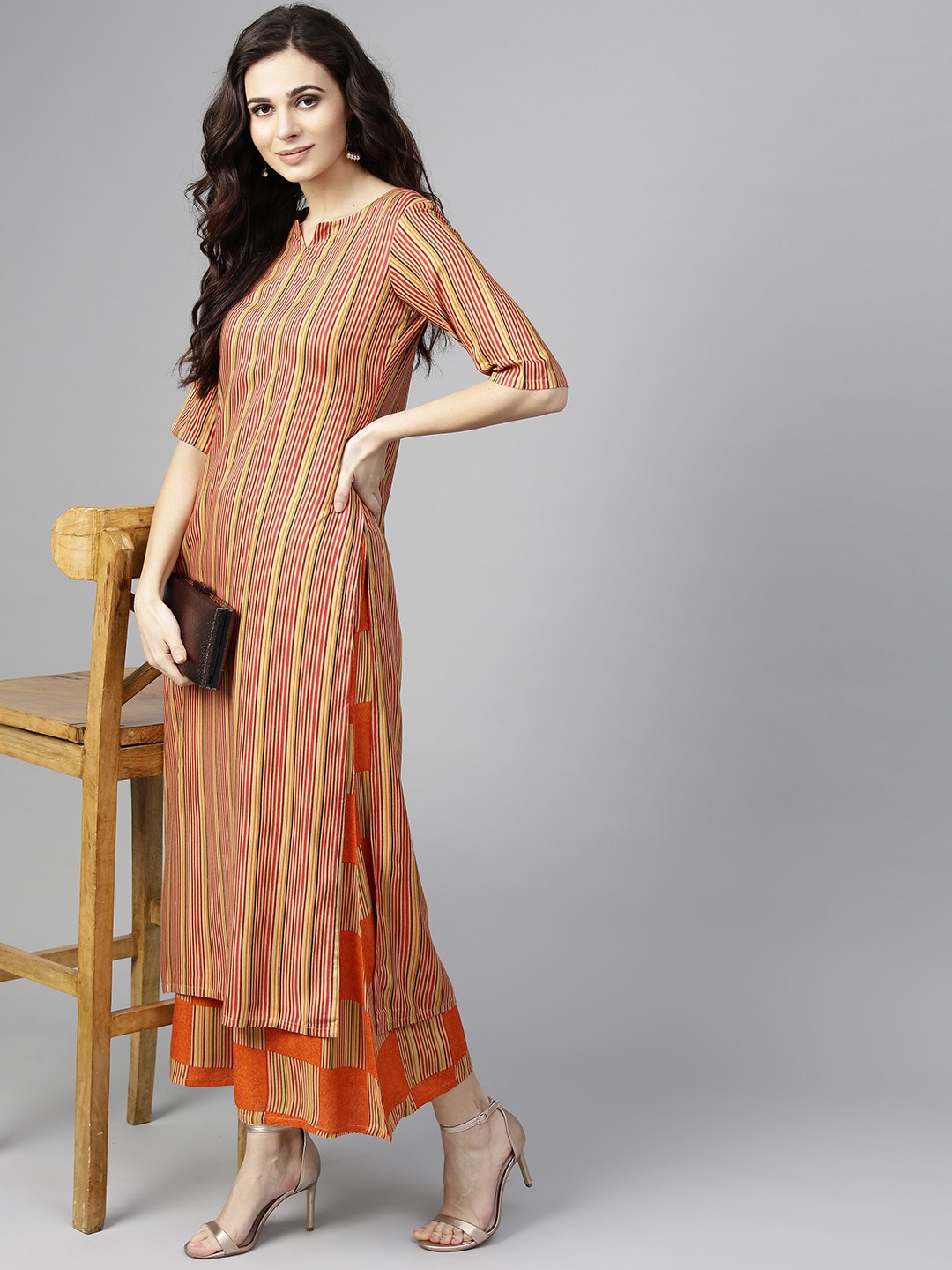 

Libas Women Orange & Red Striped Kurta with Palazzos