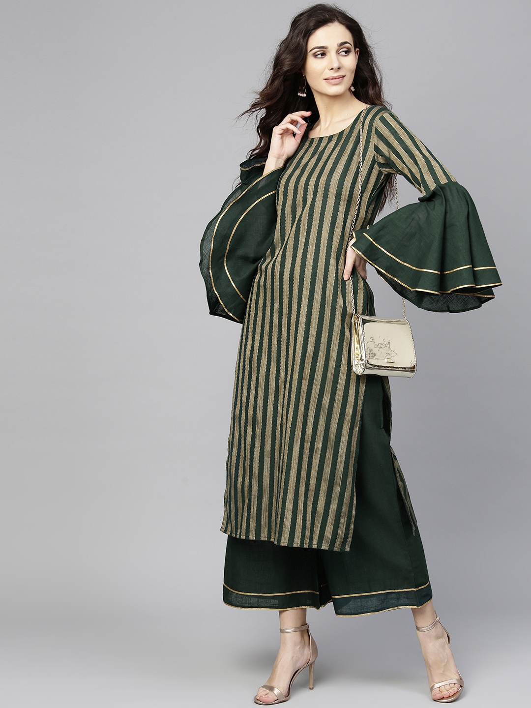 

Libas Women Green Striped Kurta with Palazzos