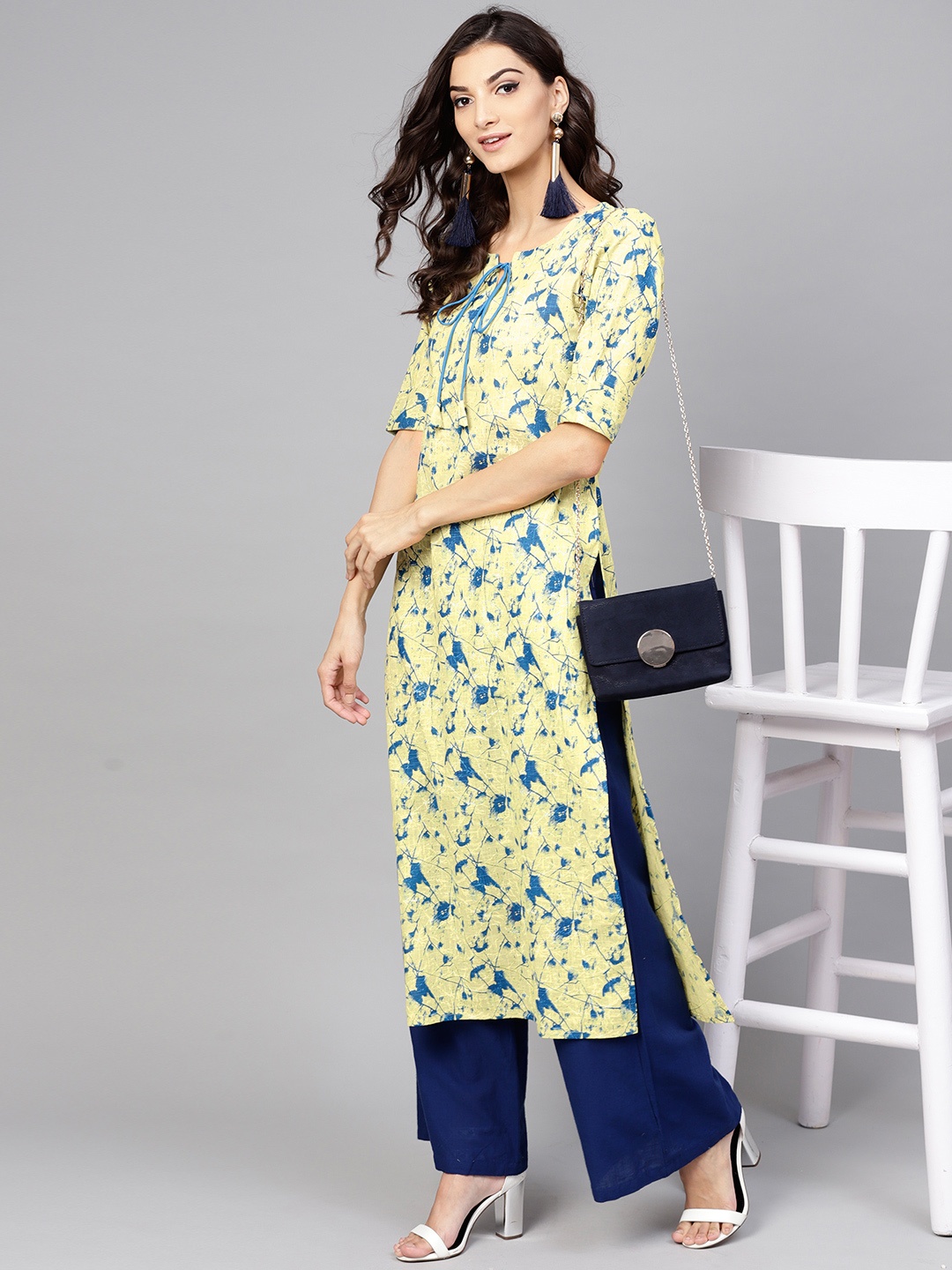 

Libas Women Yellow & Blue Printed Straight Kurta