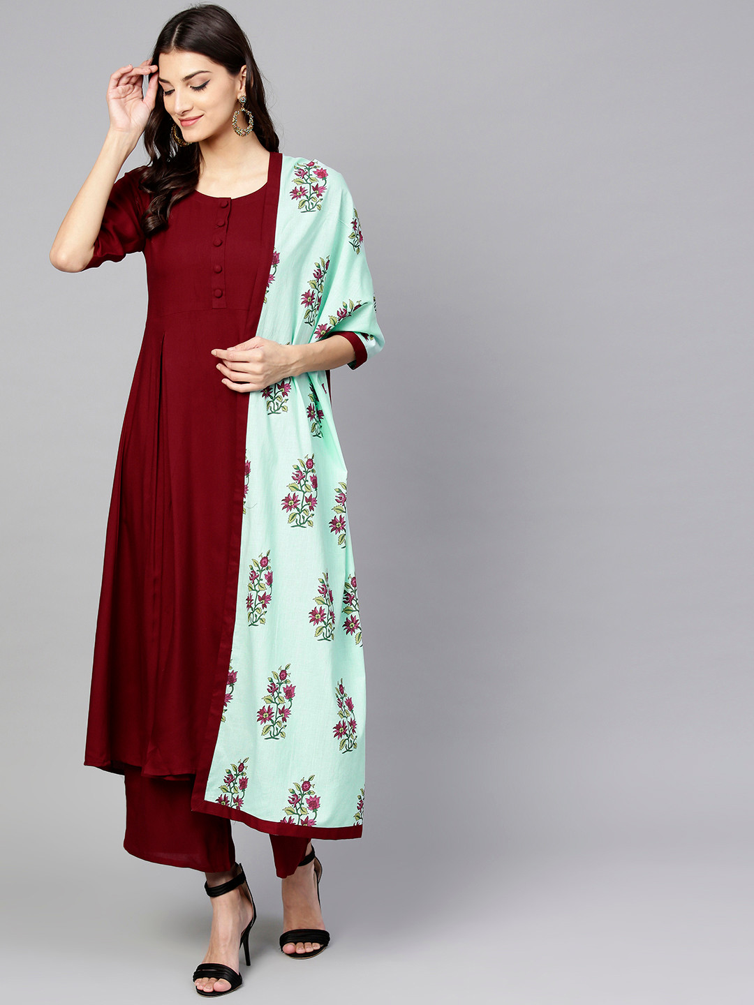 

Libas Women Maroon & Blue Solid Kurta with Palazzos & Dupatta