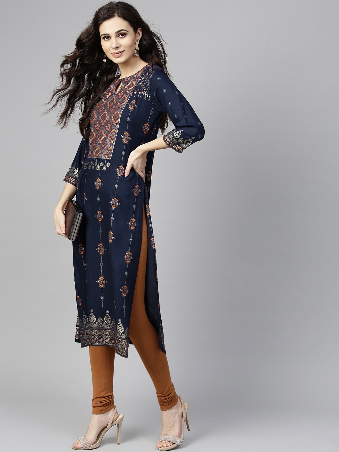 

Libas Women Navy Blue & Golden Printed Straight Kurta
