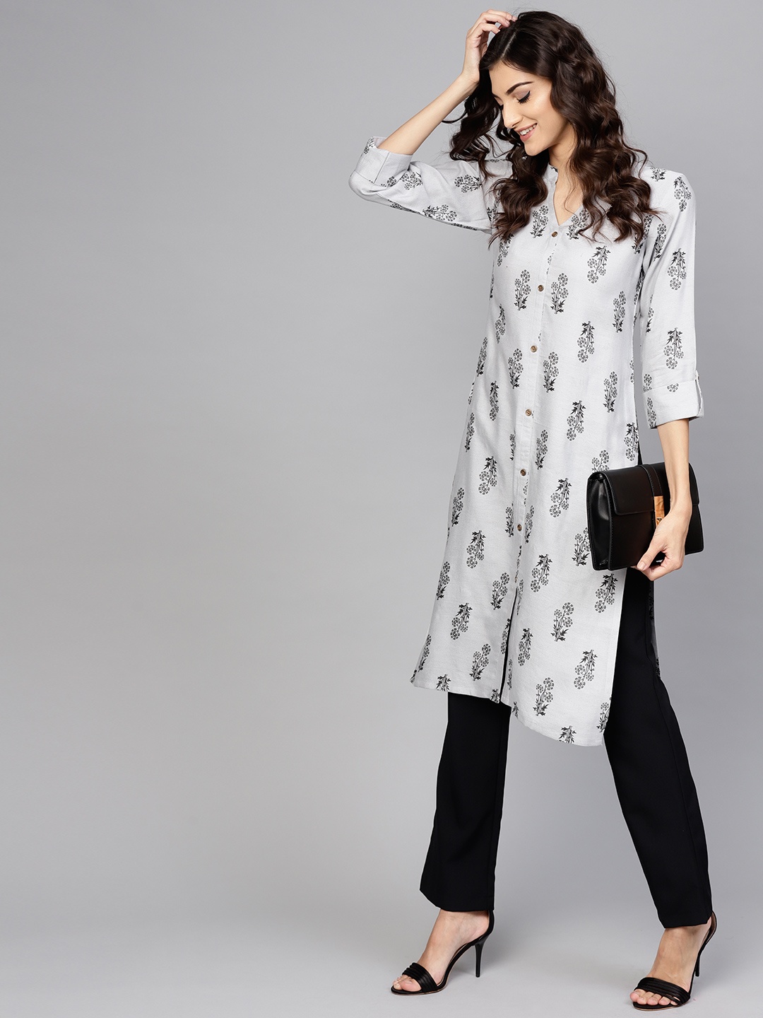

Libas Women Grey Printed Straight Kurta