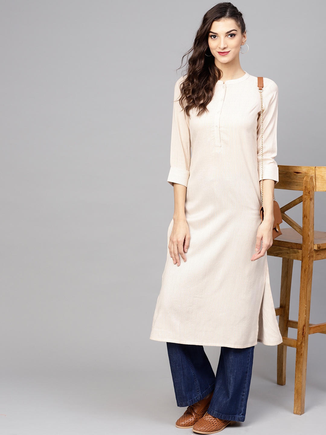 

Libas Women Beige & White Striped Straight Kurta