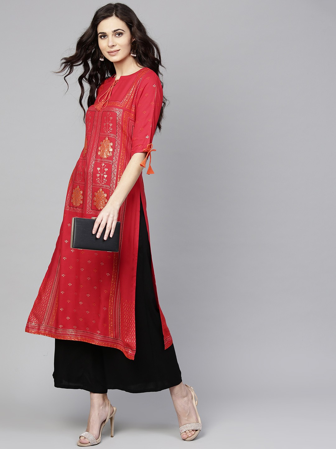 

Libas Women Red & Golden Block Print Straight Kurta