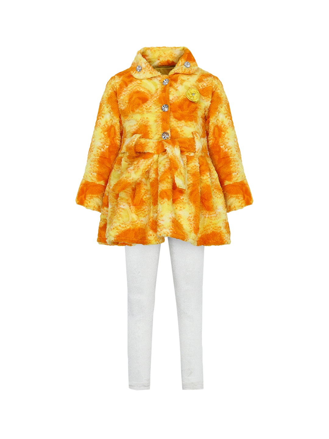 

Aarika Girls Yellow & Off-White Printed Coat with Leggings