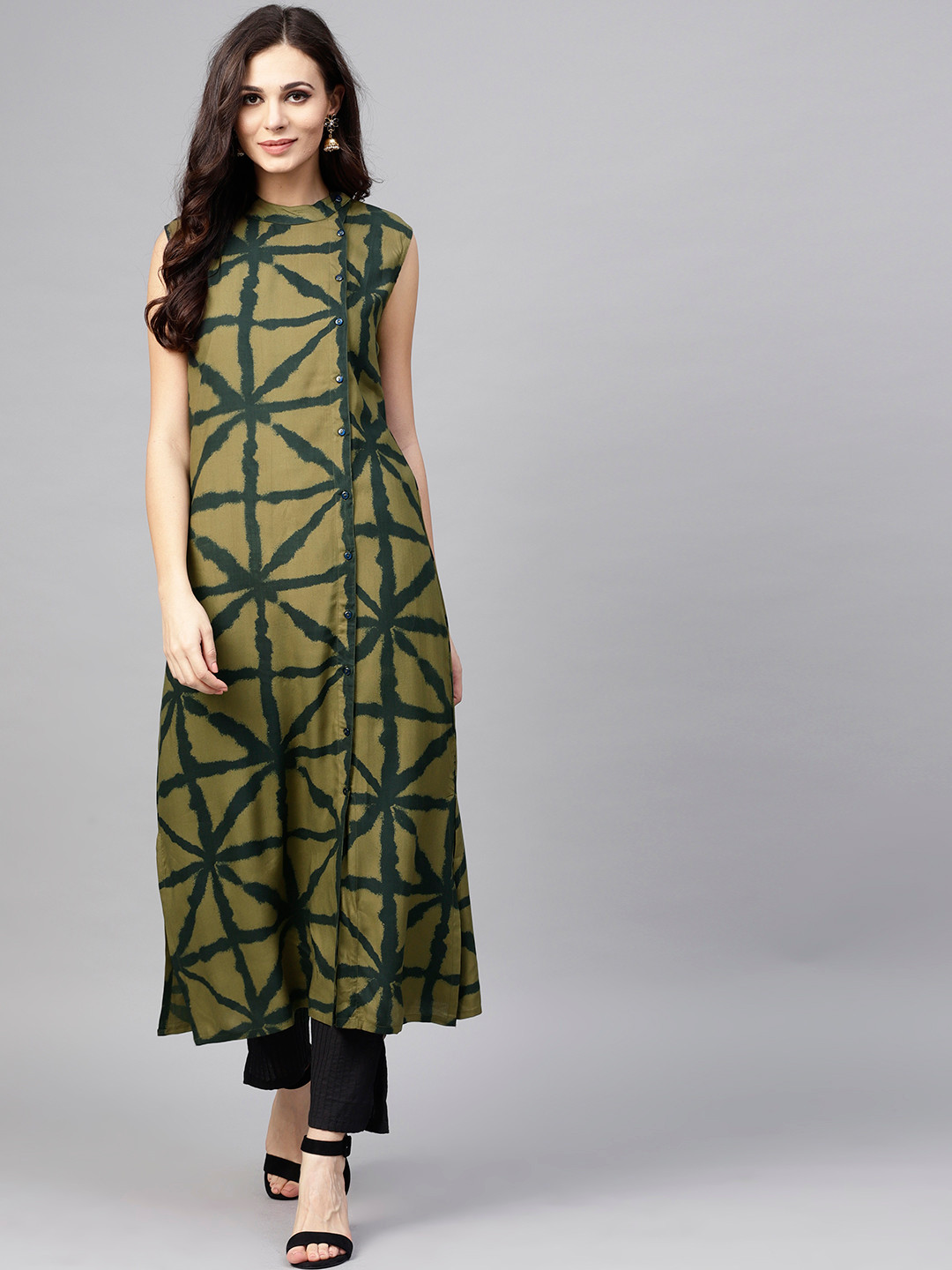

AKS Women Olive Green Printed Sleeveless Straight Kurta