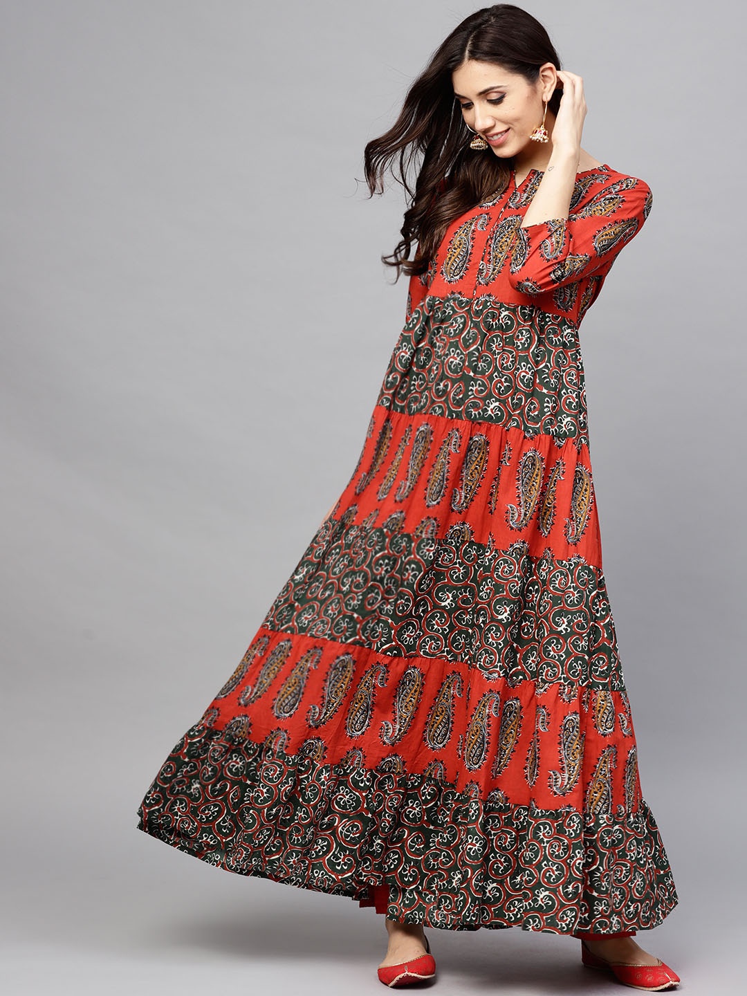 

AKS Women Rust Orange & Green Printed Tiered Anarkali Kurta