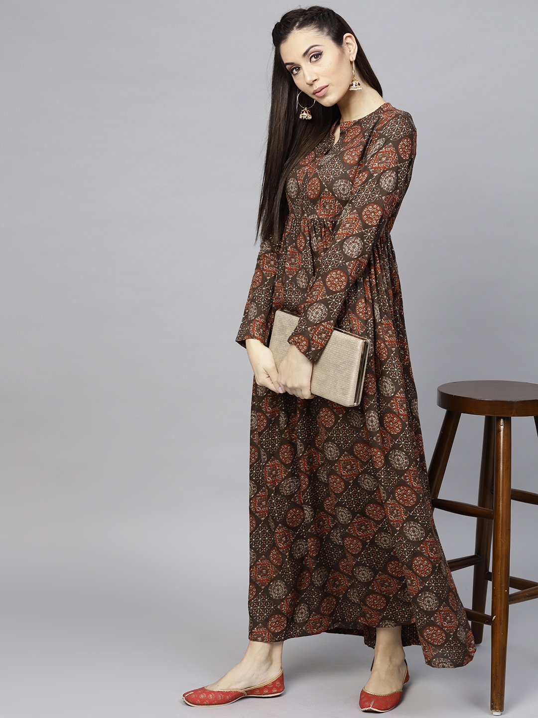 

AKS Women Olive Brown & Orange aPrinted Maxi Dress