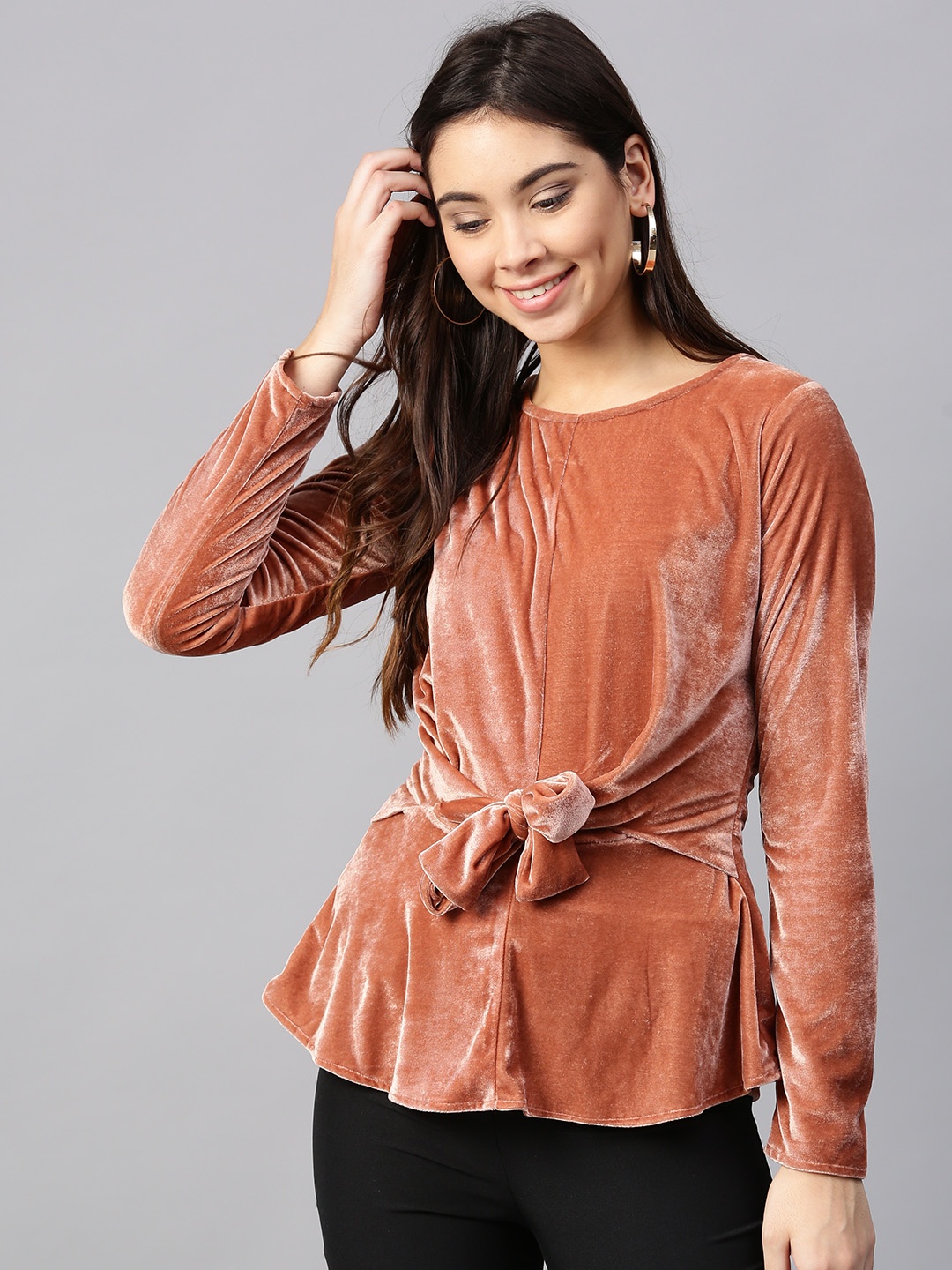 

Athena Women Peach-Coloured Velvet Finish Solid Top