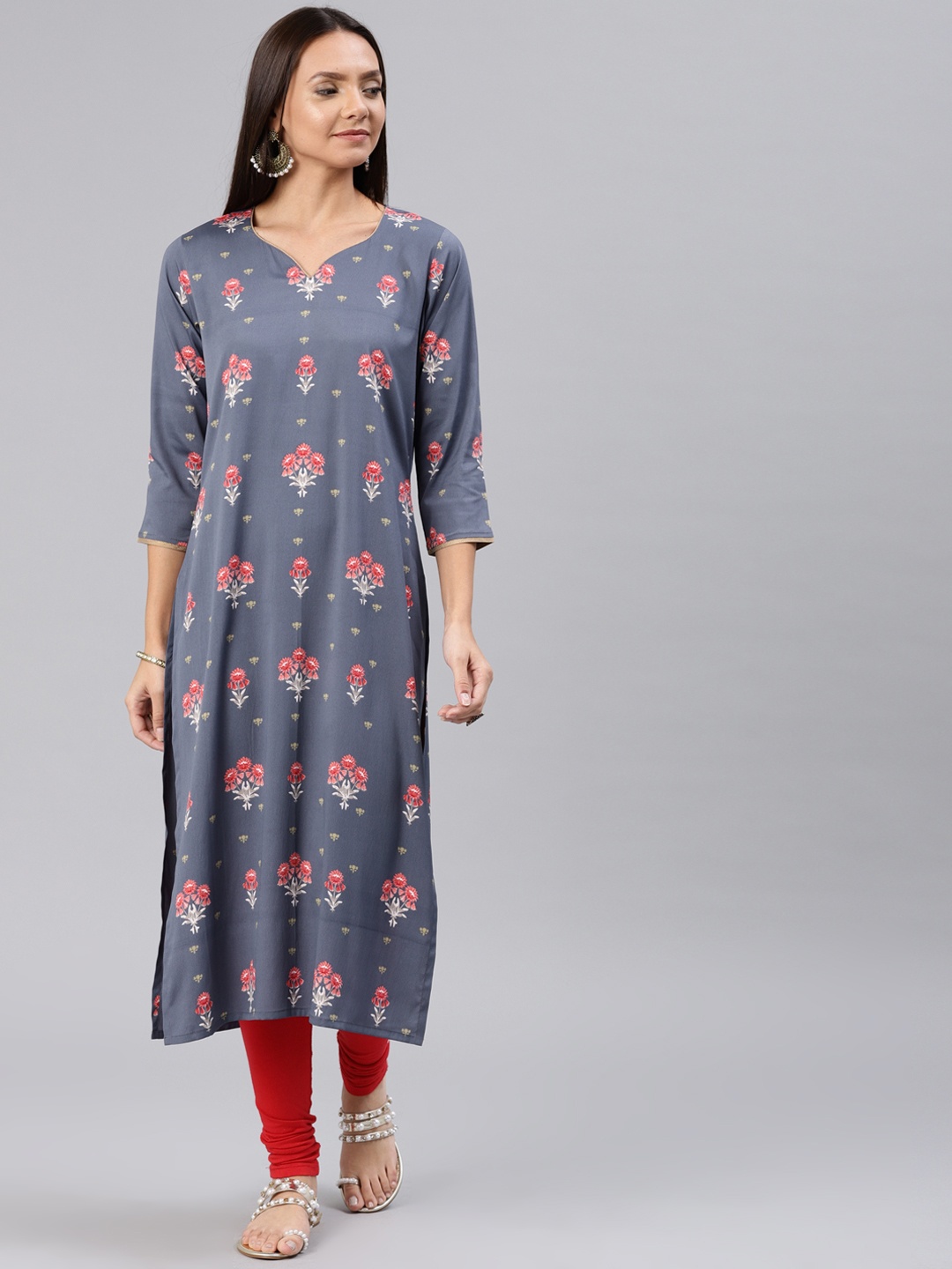 

AHIKA Women Grey Floral Print Straight Kurta