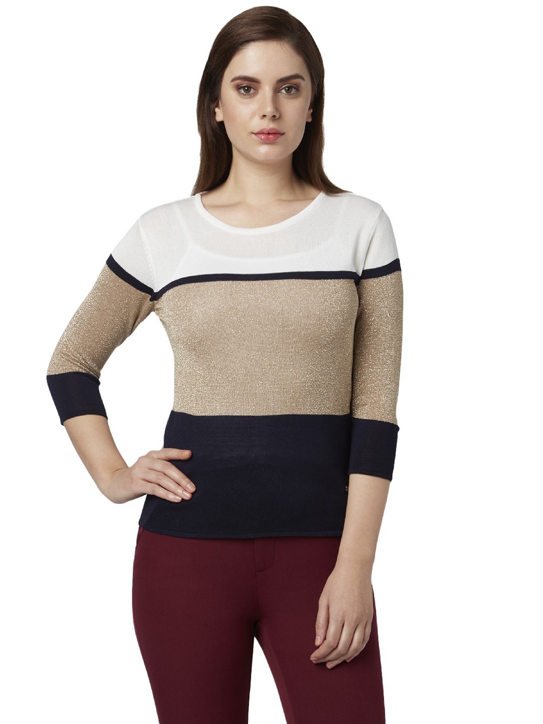 

Park Avenue Women Beige & Navy Blue Colourblocked Pullover