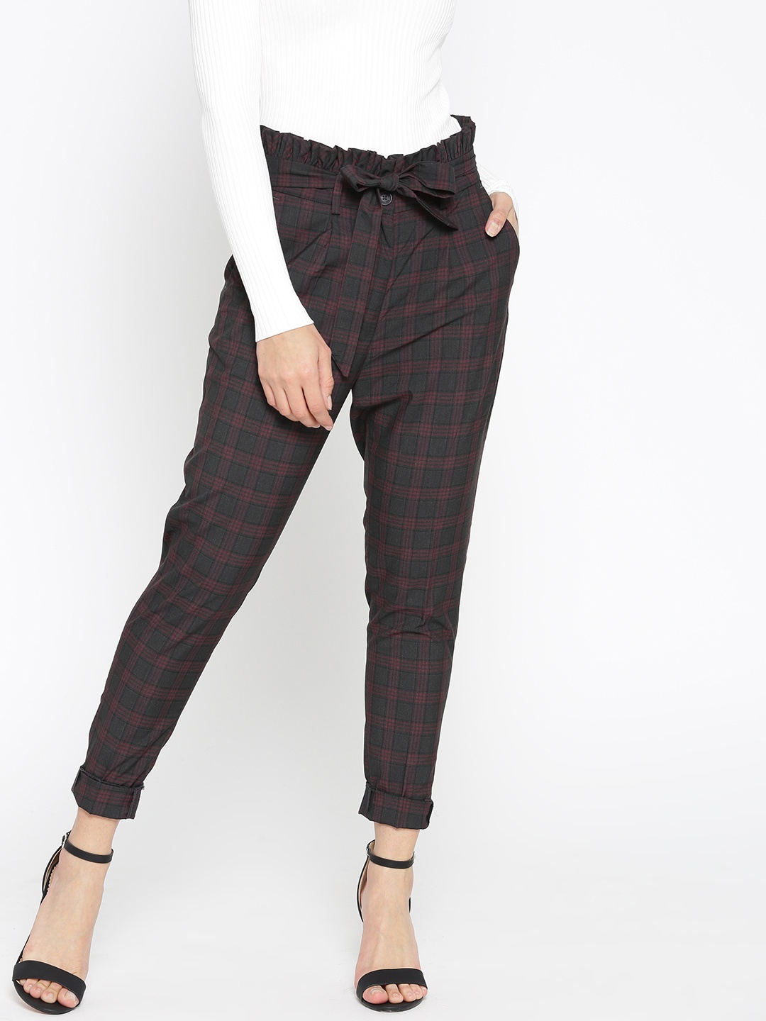 

Park Avenue Women Charcoal Grey & Maroon Tapered Fit Checked Peg Trousers