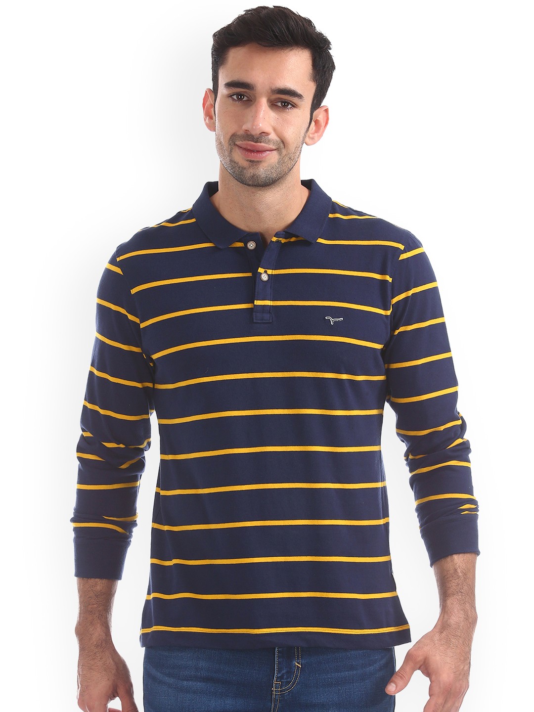 

Flying Machine Men Navy Blue Striped Polo Collar Pure Cotton T-shirt