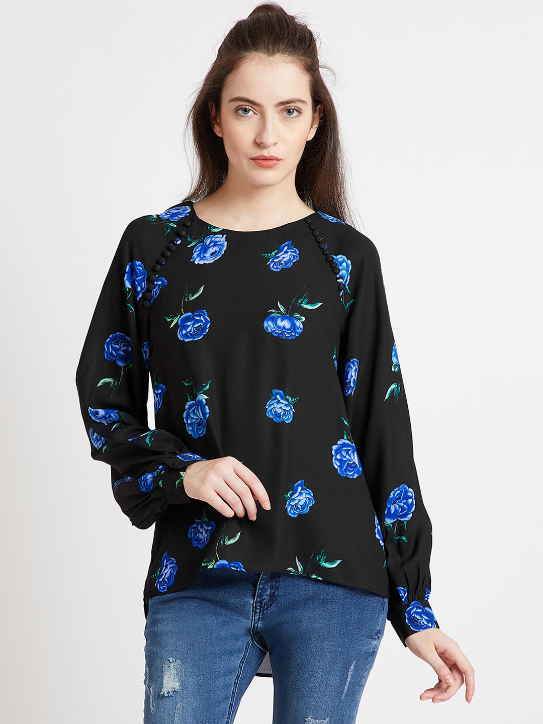 

COVER STORY Women Black Floral Print High-Low Top
