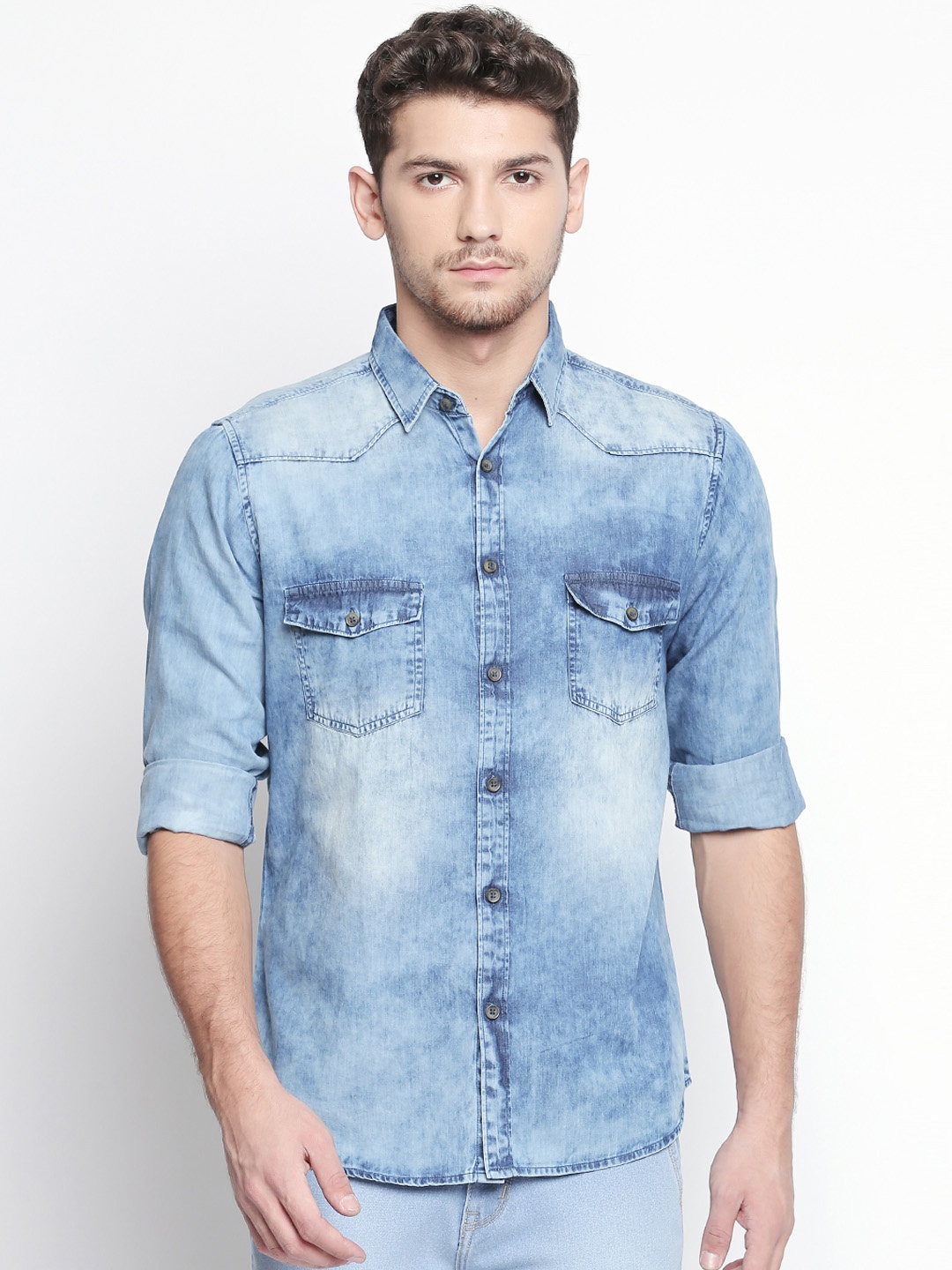 

Dennis Lingo Men Blue Modern Slim Fit Faded Casual Shirt