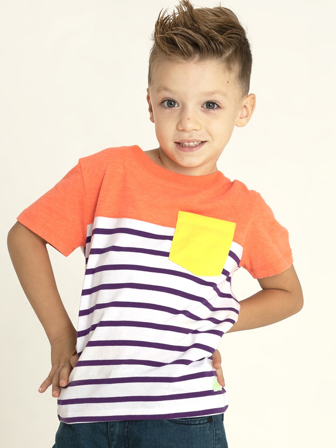 

Cherry Crumble Boys Multicolor Stripes Run-Up T-shirt, Orange