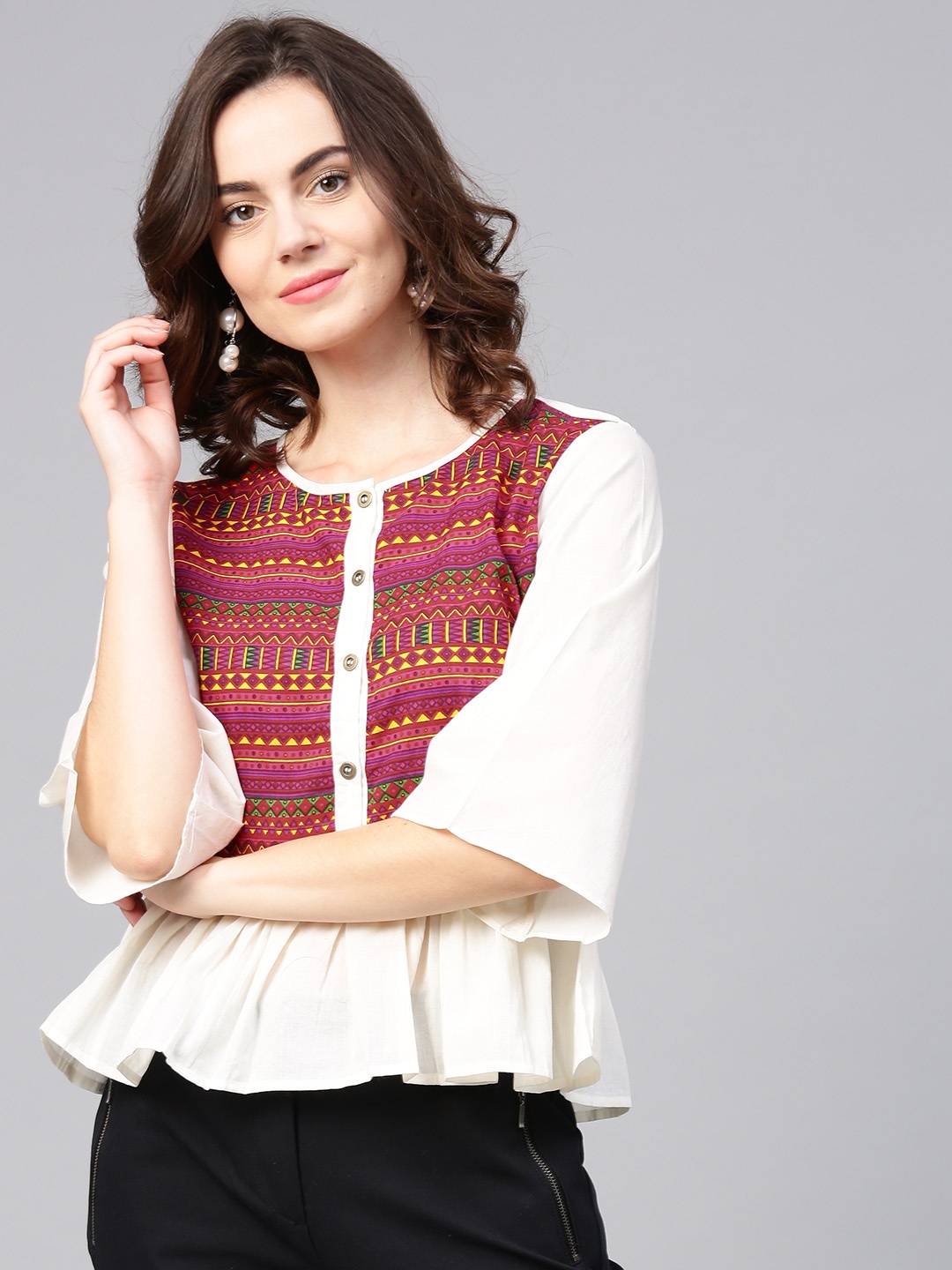 

aasi Women Pink & Off-White Printed Peplum Top