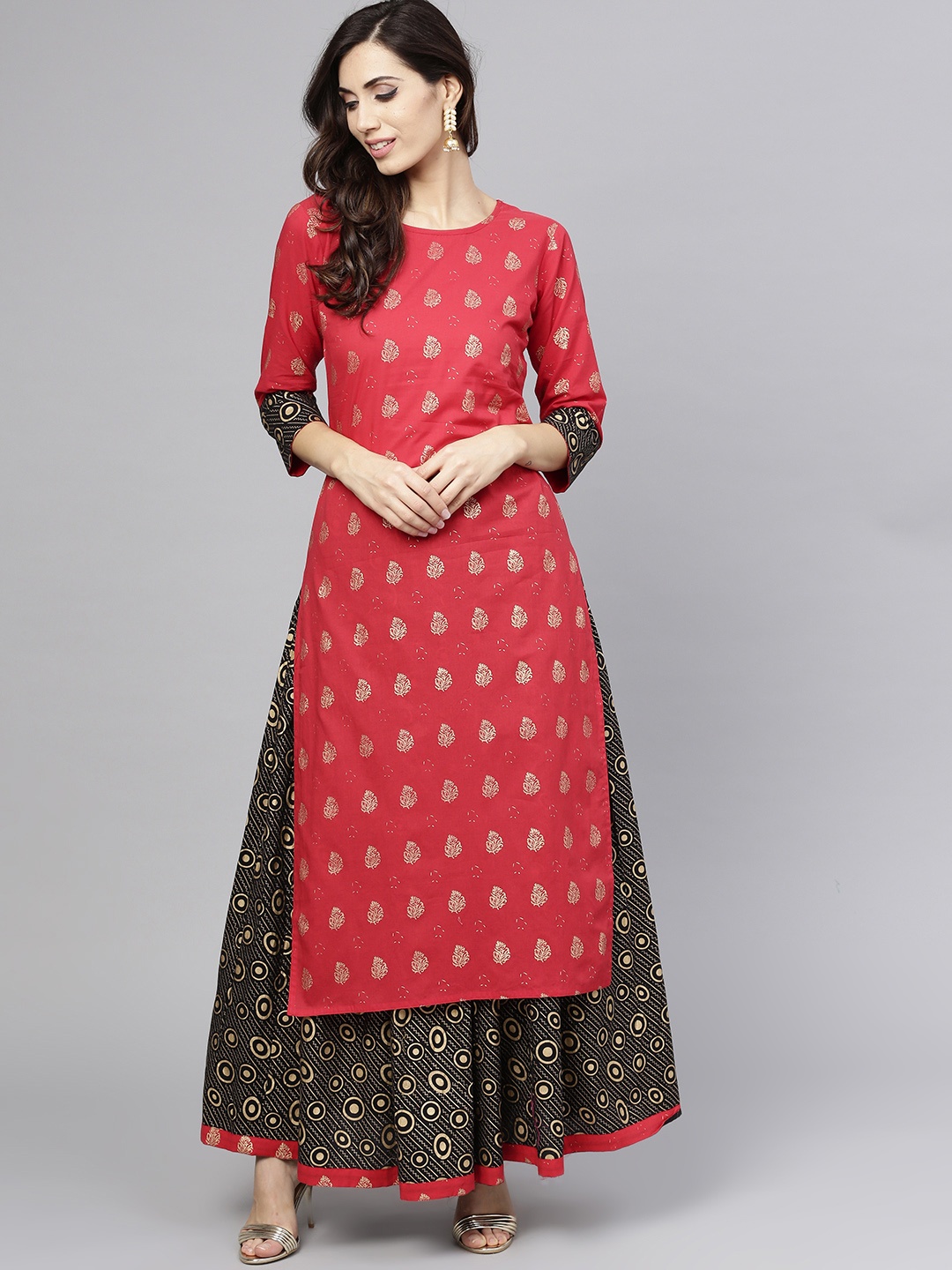 

aasi Women Red & Black Printed Kurta with Skirt