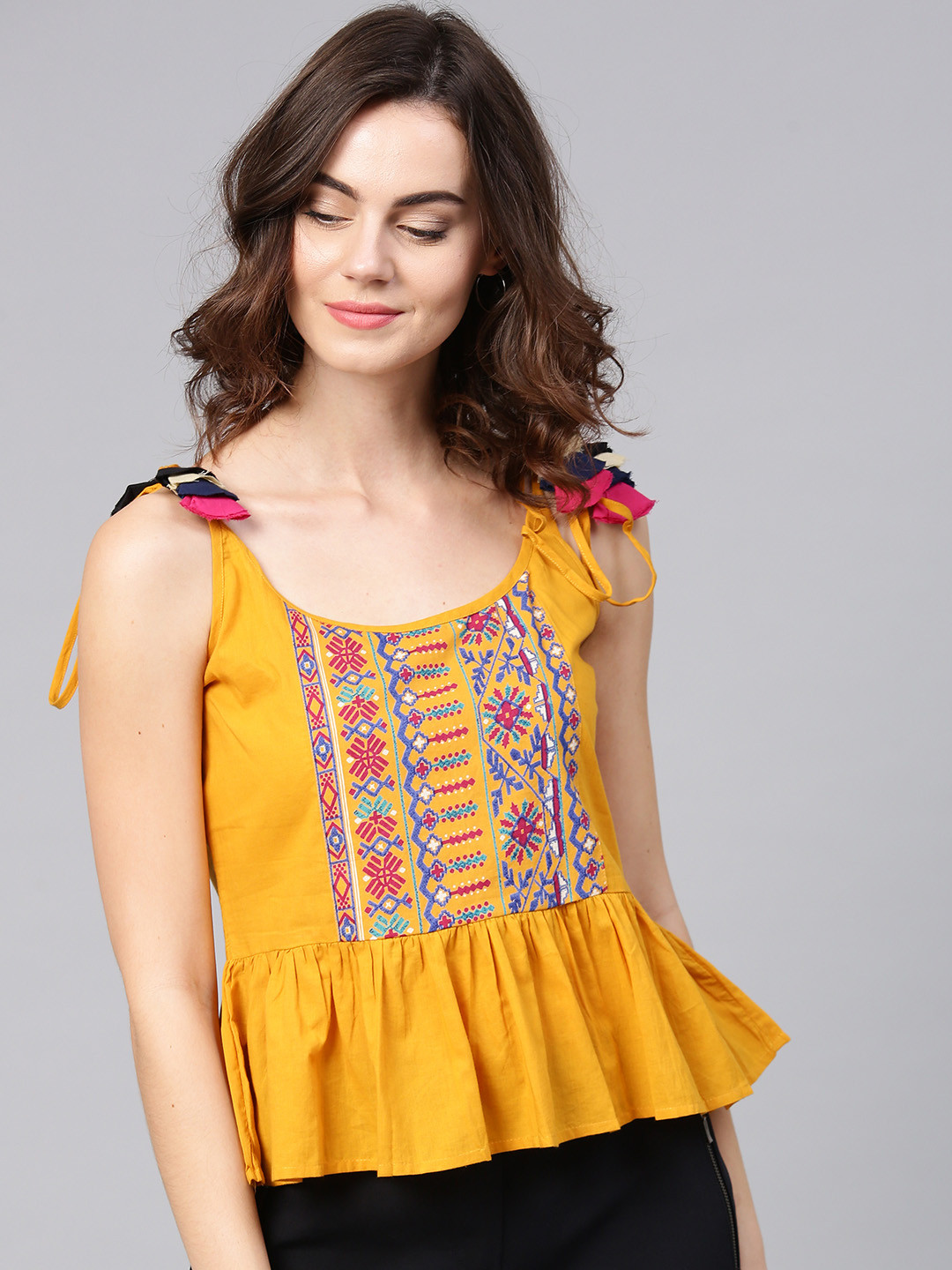 

aasi Women Mustard Yellow Printed Peplum Pure Cotton Top