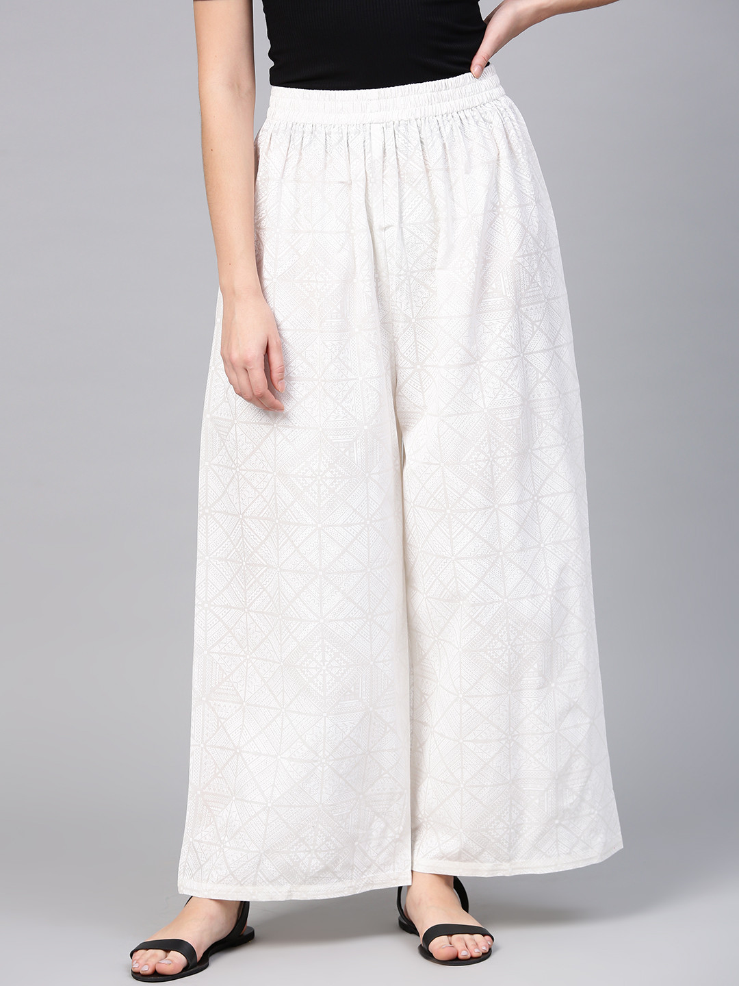 

aasi Women White Wide Leg Printed Palazzos