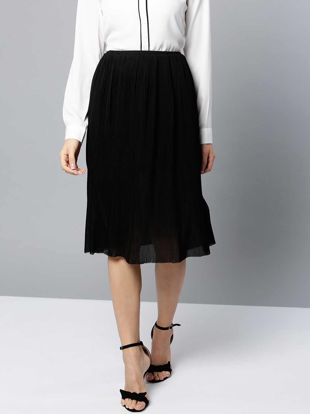 

VividArtsy Women Black Accordion Pleat Midi A-line Skirt