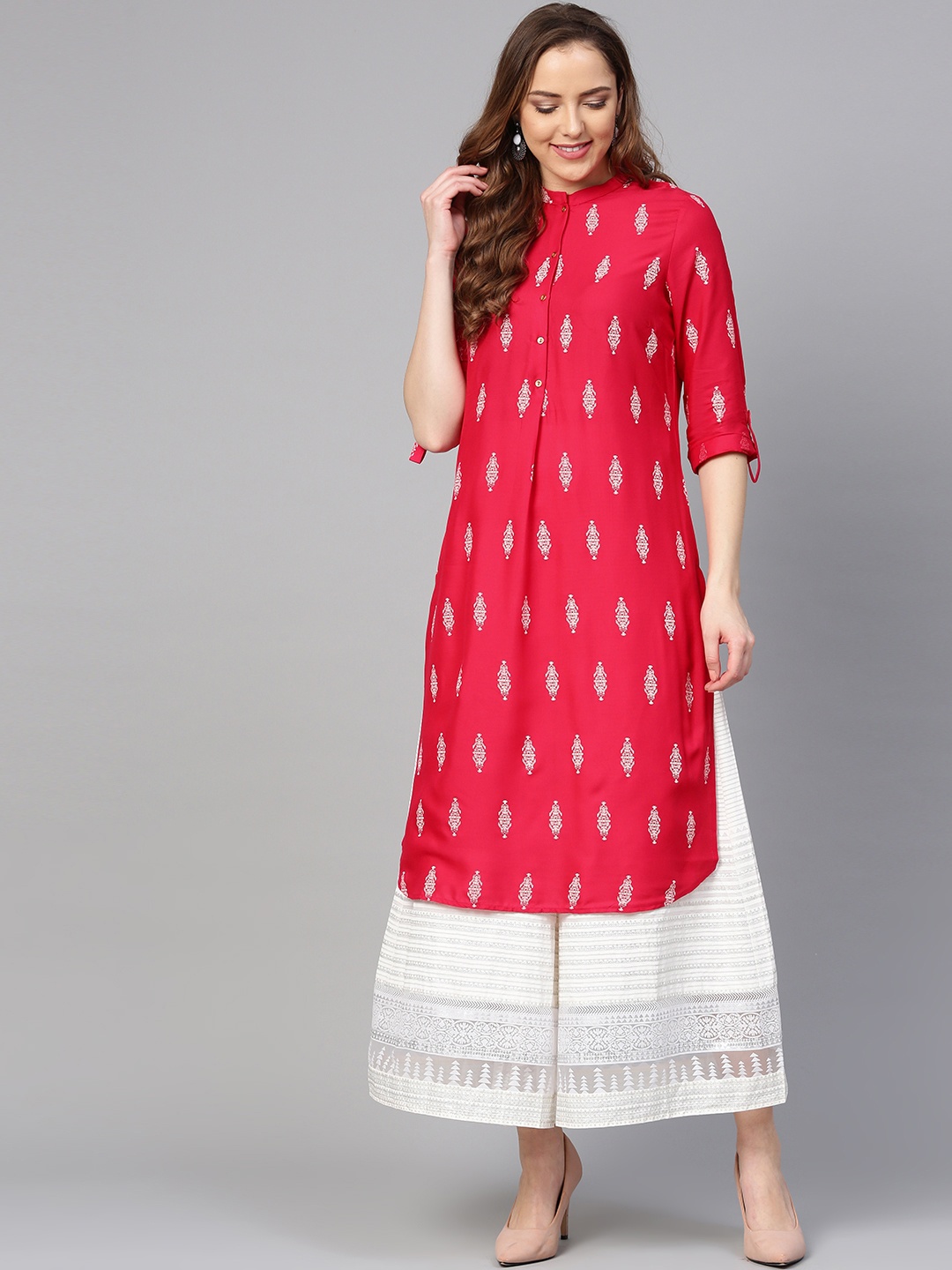 

W Women Magenta & White Printed Straight Kurta