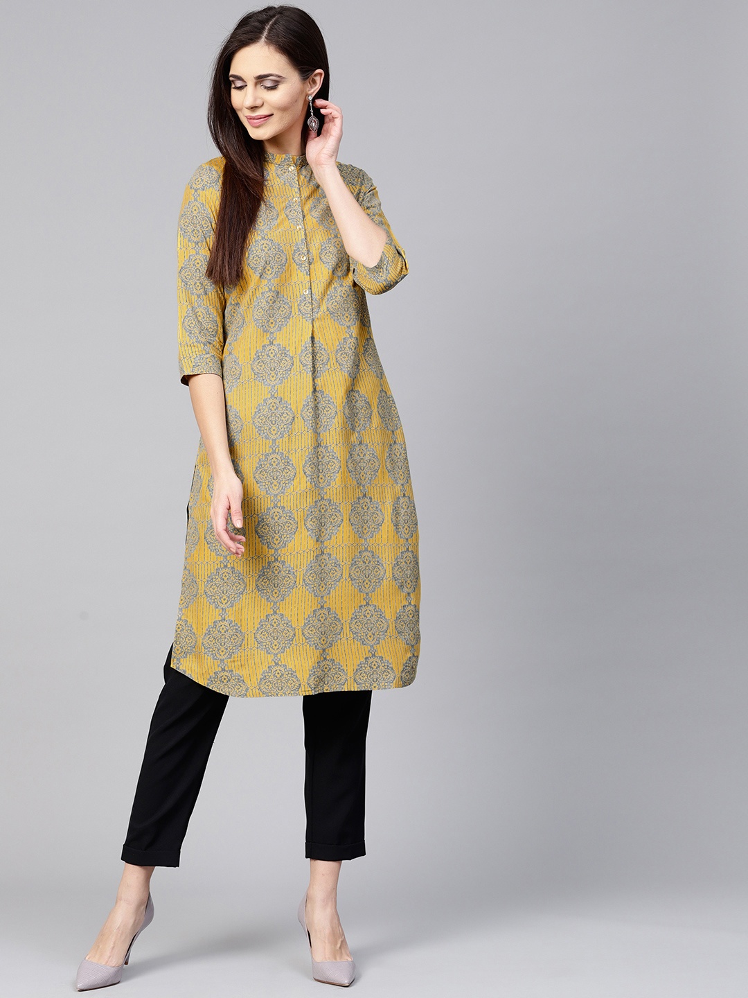 

W Women Mustard Yellow & Grey Printed Straight Kurta