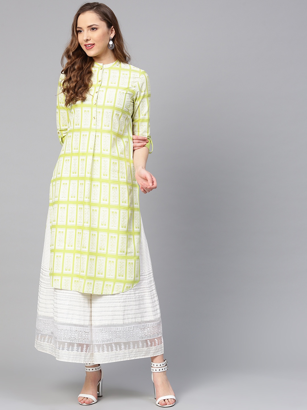 

W Women Lime Green & White Printed Straight Kurta