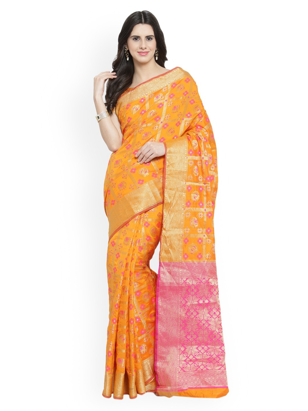 

Shaily Orange & Pink Pure Silk Checked Patola Saree