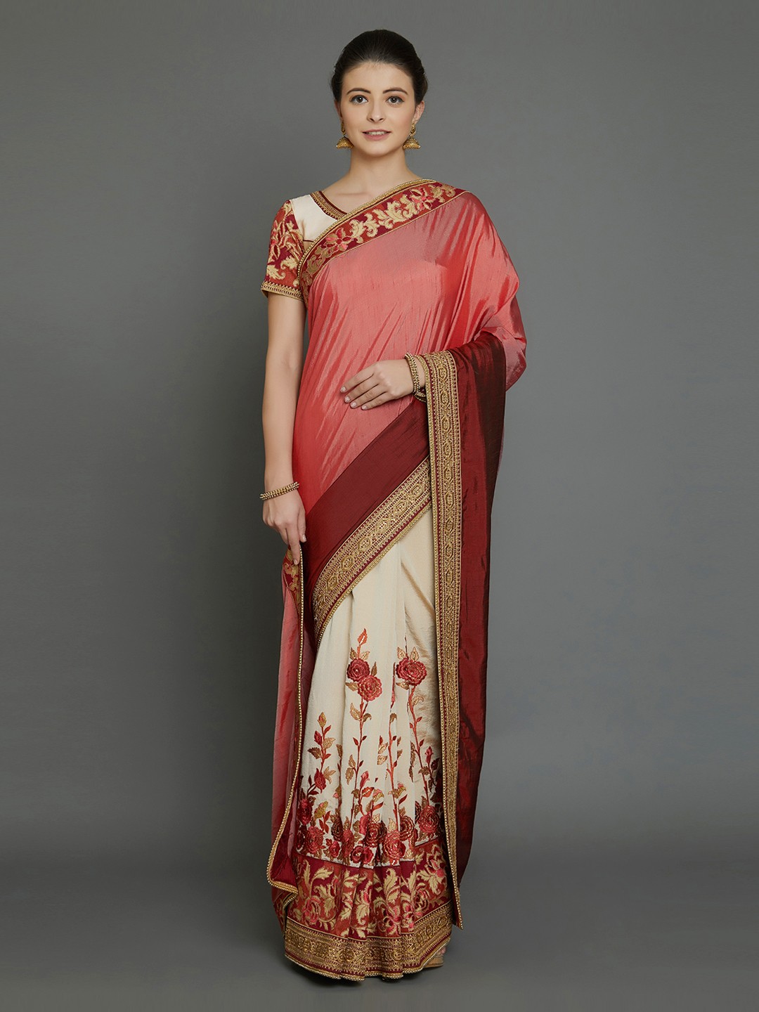 

Mitera Burgundy & Pink Pure Georgette Saree